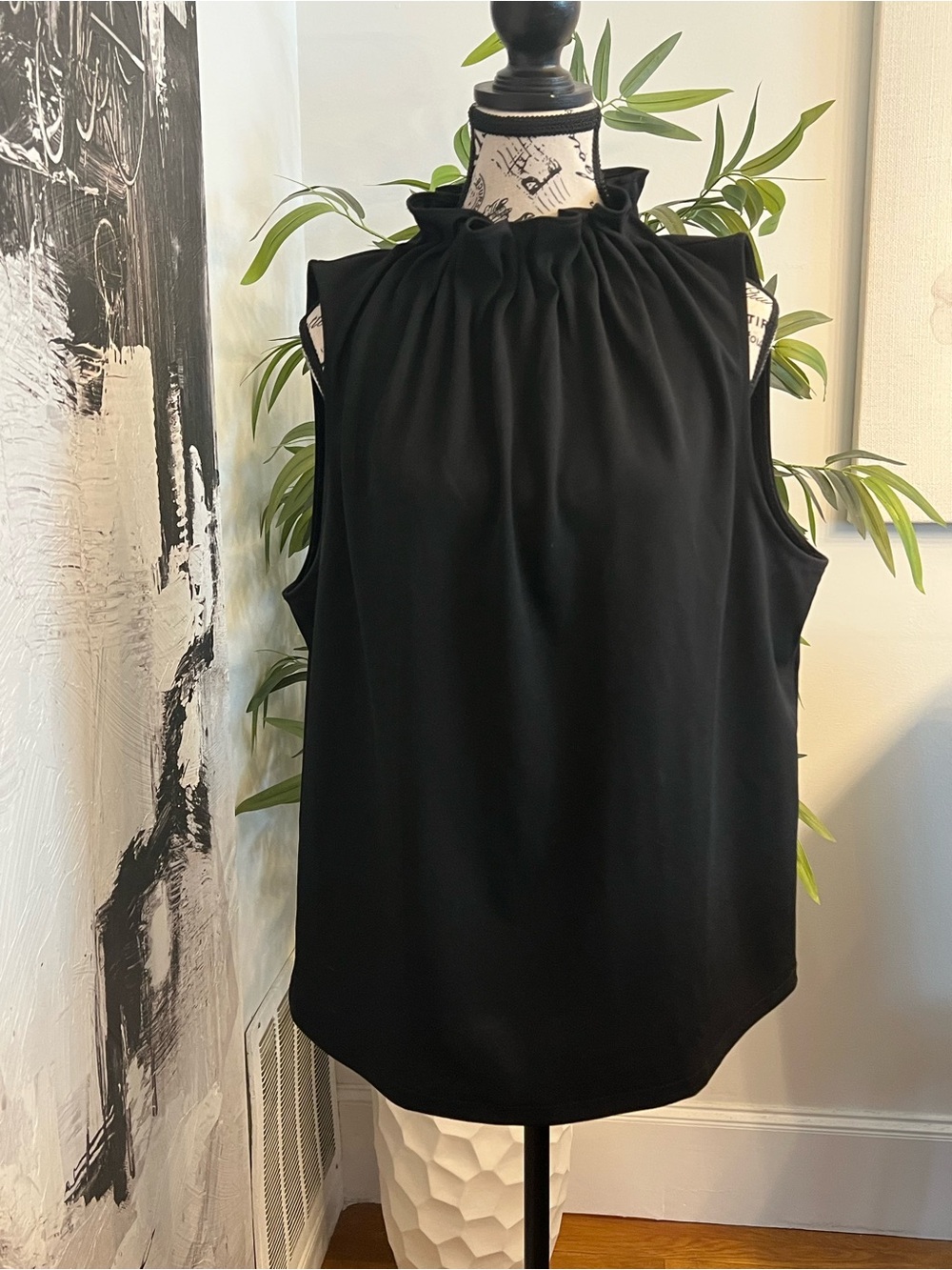 Ann Taylor Factory Black Ruffled-Neck Sleeveless Top